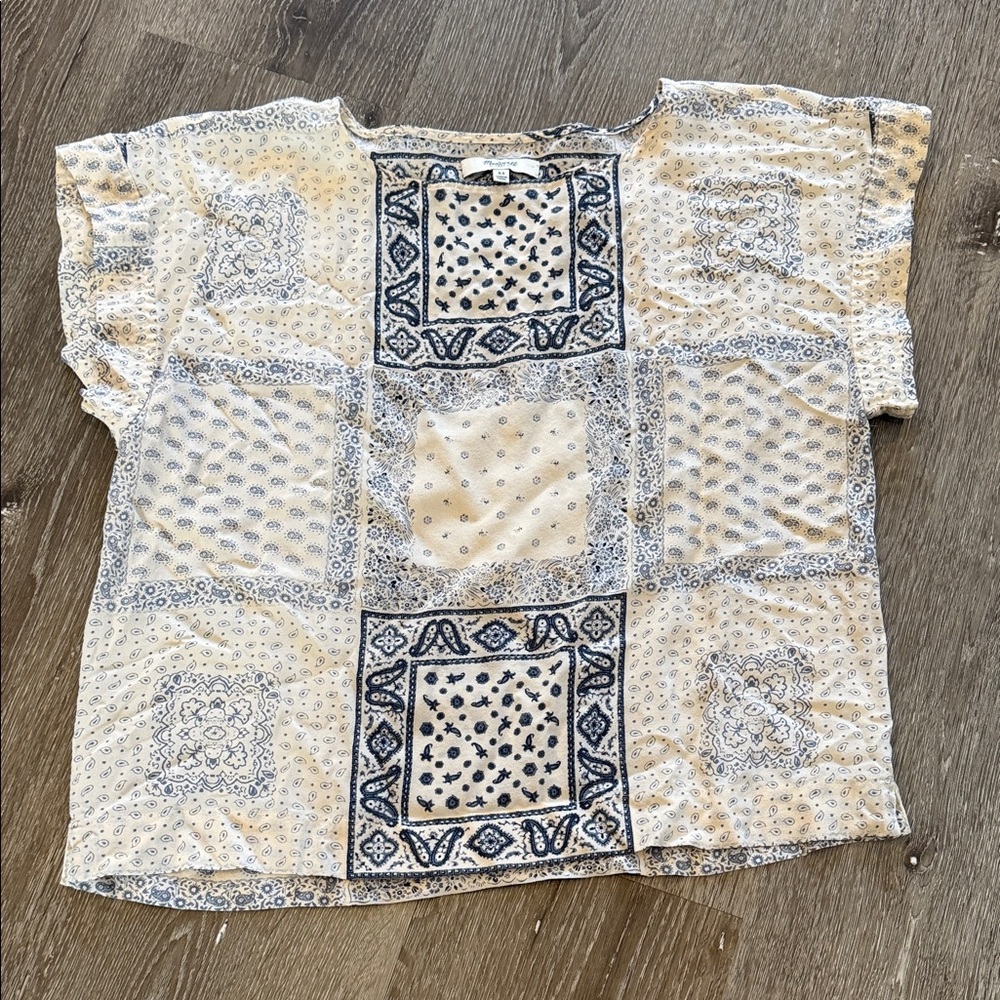 Madewell Navy and Cream Patterned Blouse